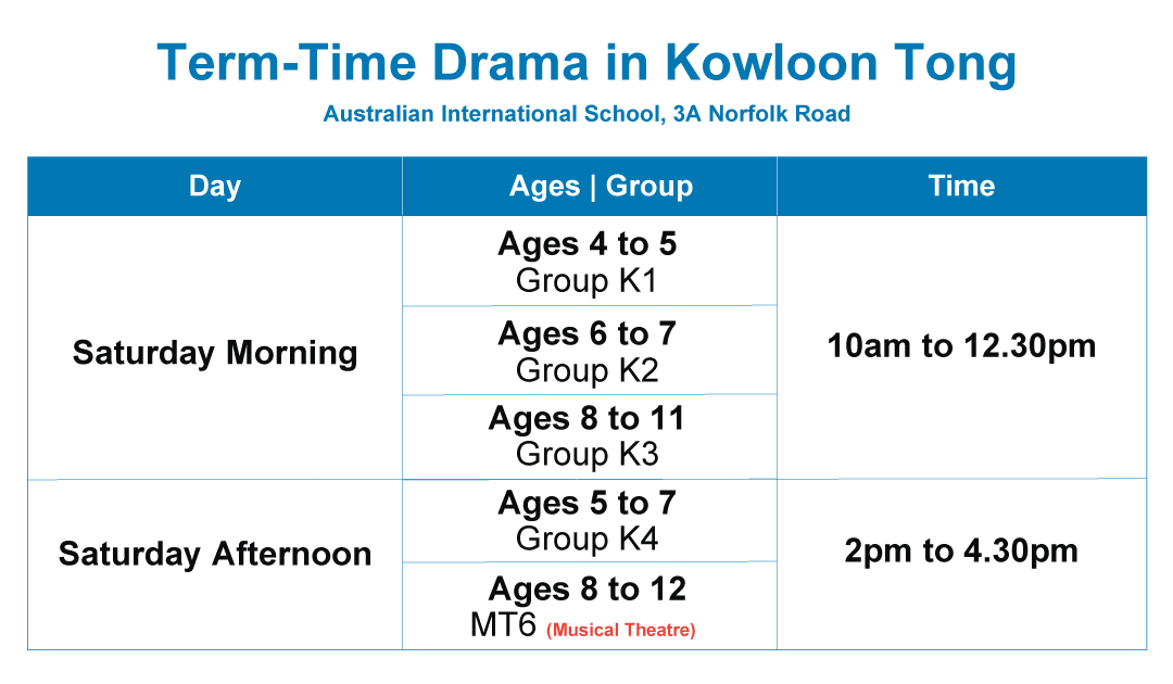 Term-Time Drama workshop schedule at Australian International School, Kowloon Tong